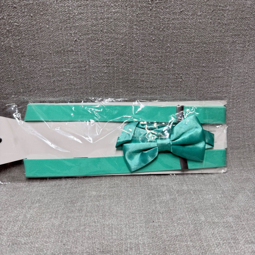 Suspenders and Bow Tie Set Teal Green Aqua Adjustable Elastic Clip-On